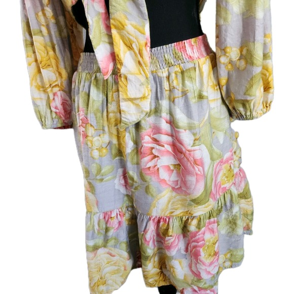 Express Floral Mini Dress M Pastel Tiered Wedding Guest Resort Date Night Yellow - Picture 9 of 14